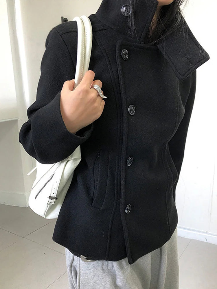 2026 Women's Minimalist Retro Stand up Collar Thick Coat, Asymmetrical Button Decoration, Slim Fit Long Sleeved Top, Winter