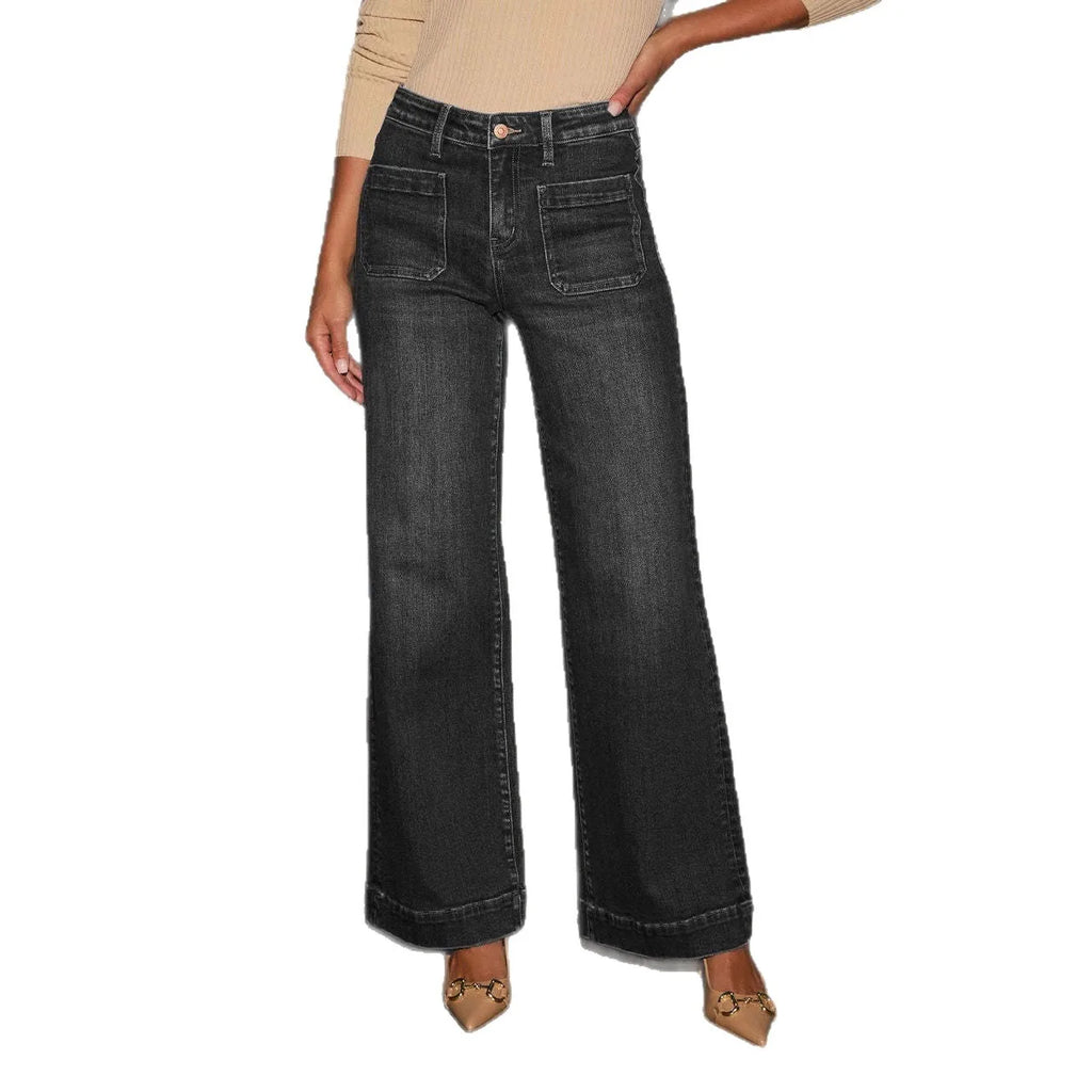 New Fall Styles: Women's High-waisted Jeans, Retro-style Black Wide-leg Trousers, and Blue Denim Pants. (Asian Sizes S-XXL)