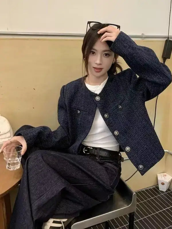 Fall Winter New Style Short Quilted Jacket Women's Loose Long Sleeve Single Button Retro High Casual Top Fashion Elegant