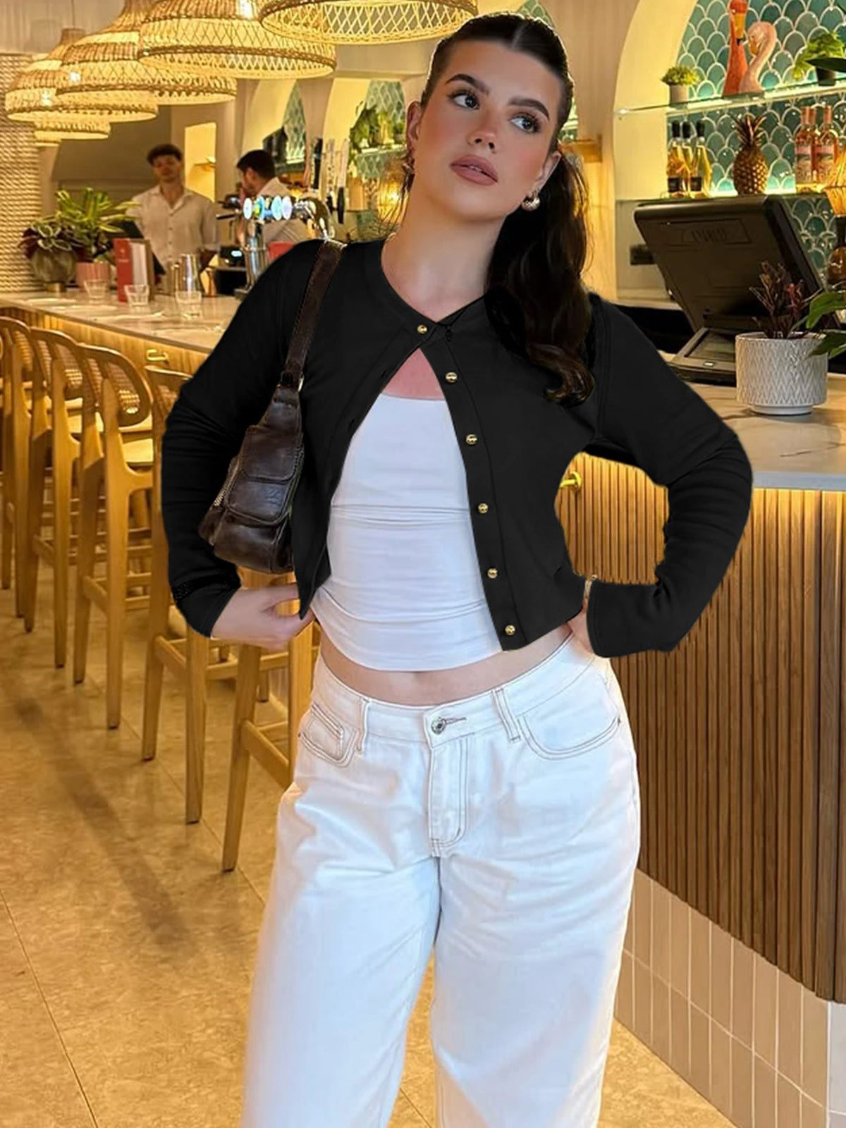 Hugcitar Fashion Long Sleeve Solid Sexy Buttons Slim Cardigan Crop T-Shirt Top Fall Women Clothes Streetwear Party Festival