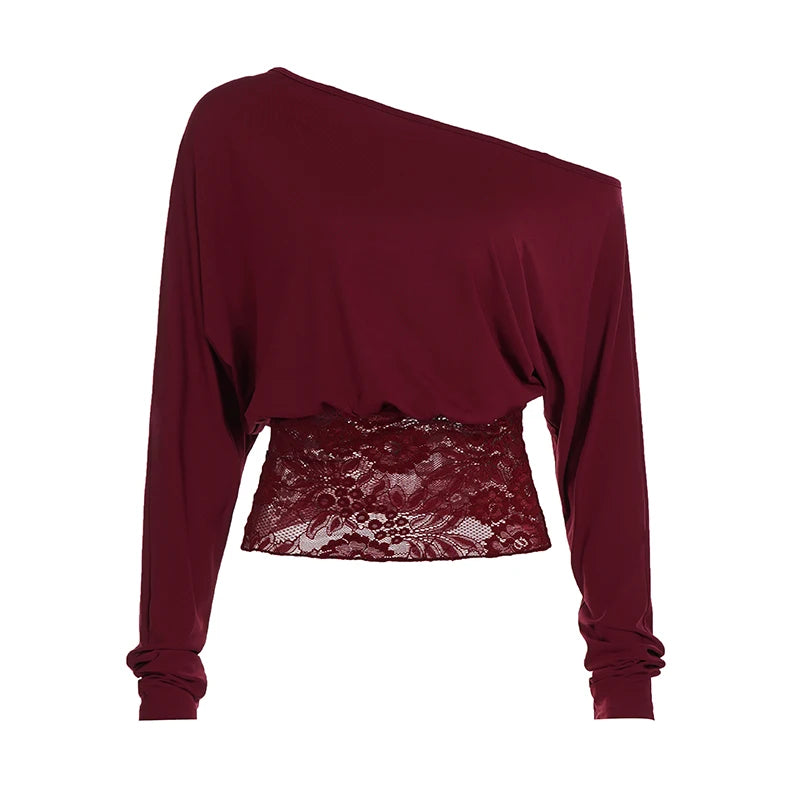 SUCHCUTE Elegant Off-Shoulder Lace-Trimmed Waist-Defining Top Retro Streetwear Solid Long-Sleeve T-Shirt For Women Spring-Summer